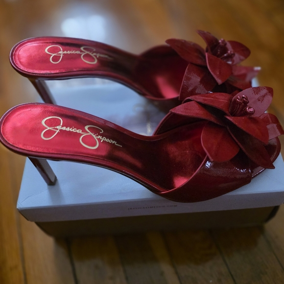 Jessica Simpson Shoes - Jessica Simpson Red Satin Floral Slip-On Heels
